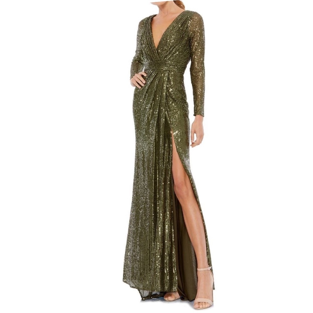 Long Sleeve Sequin Faux Wrap Gown